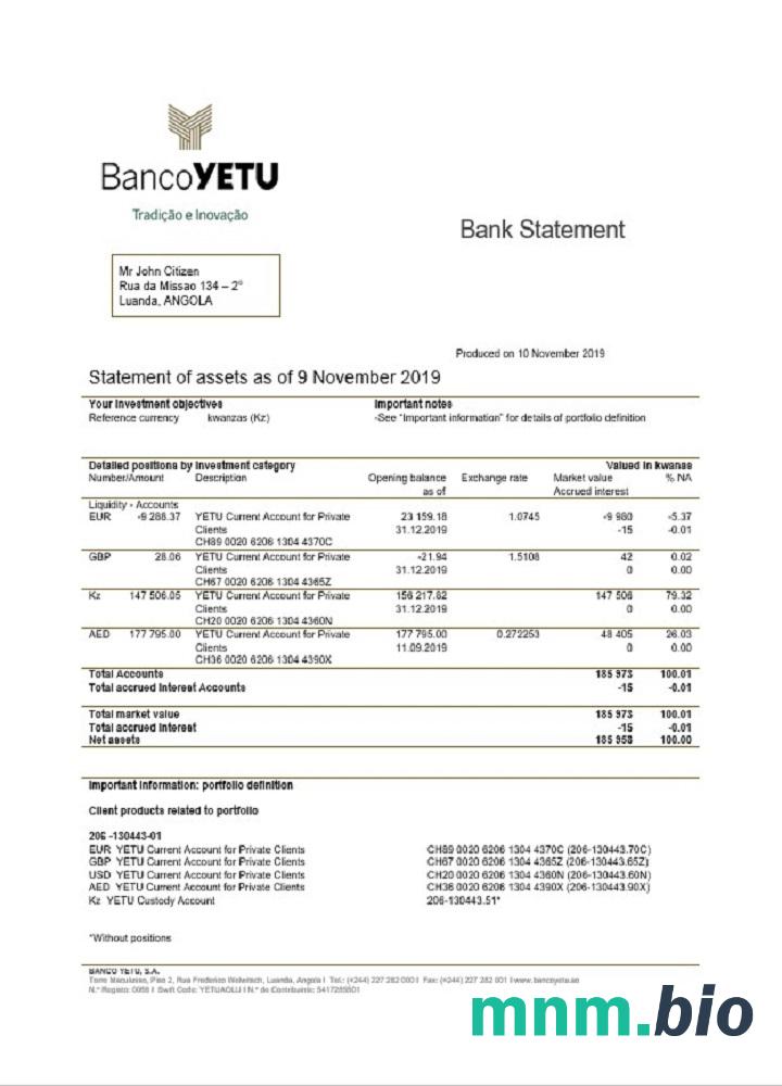 Szablon wyciągu bankowego Angola Banco Yetu w formacie Excel i PDF